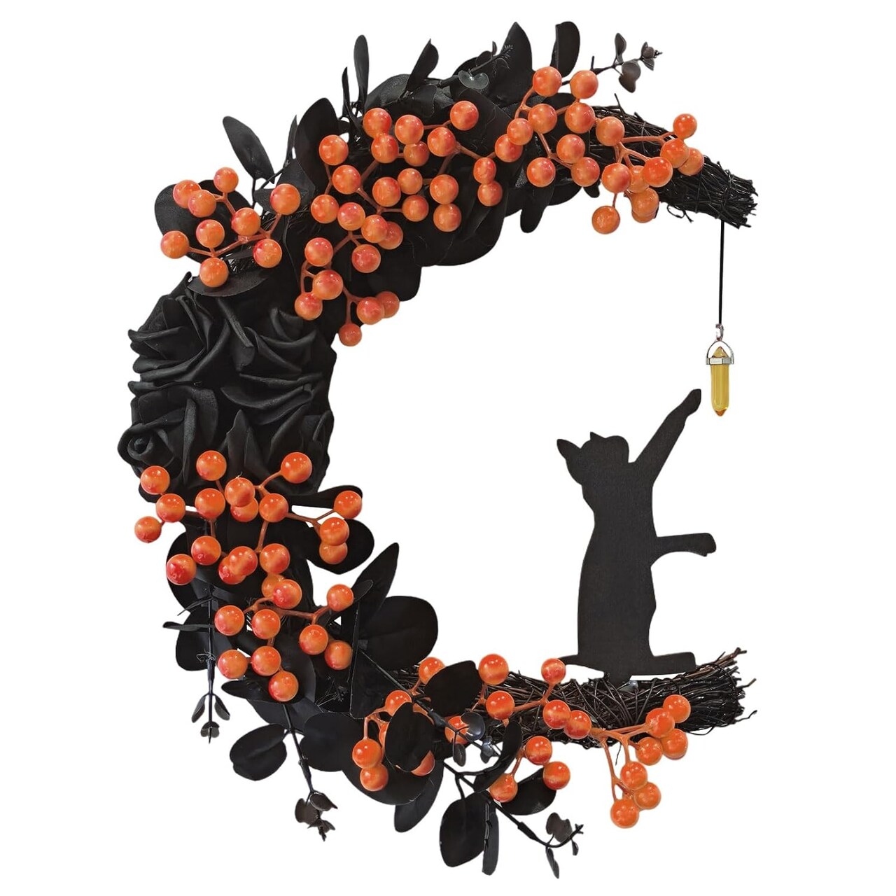 Spooky Halloween Wreath - 2026 New Black Cat Moon Door Decor with Lights for Indoor Outdoor Party Wall, Unique Crescent Moon Wreath Design, Perfect Halloween Decorations for Front Door